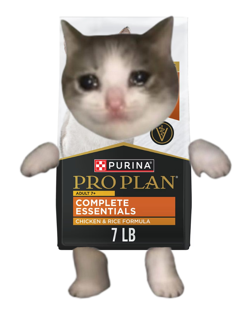 A crying cat wearing a bag of premium cat food